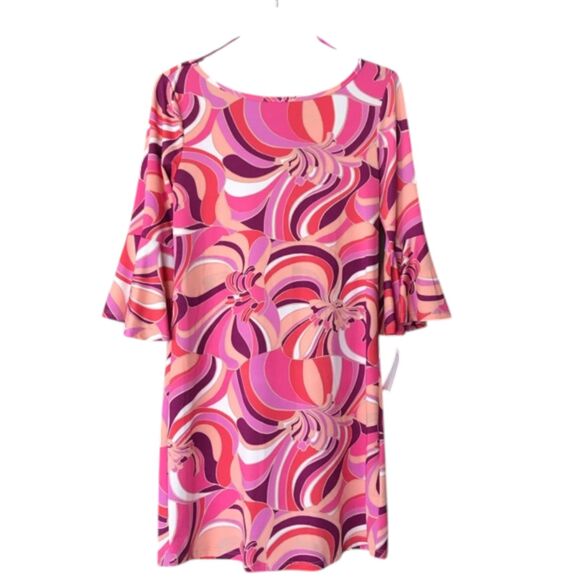 Trina Turk Pink Bold Bright Bell Sleeve Abstract 60s Shirt Dress  Medium NEW - Picture 1 of 7